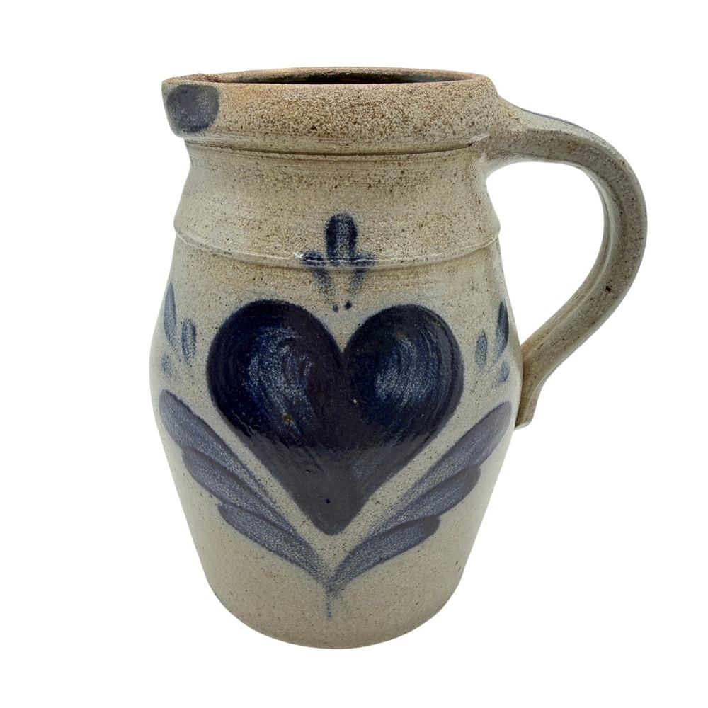 Rowe Pottery Works 1987 Salt Glaze Stoneware Pitcher Blue Heart Cambridge WI
